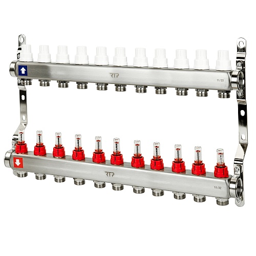 Коллекторная группа с расходомером и кронштейном (евроконус 3/4") нержавеющая сталь SUS 304 1"х11 выходов, RTP