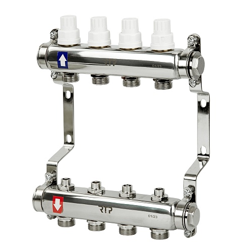 Коллекторная группа с ручными регулирующими клапанами и кронштейном (евроконус 3/4") нержавеющая сталь SUS 304 1"х4 выхода, RTP